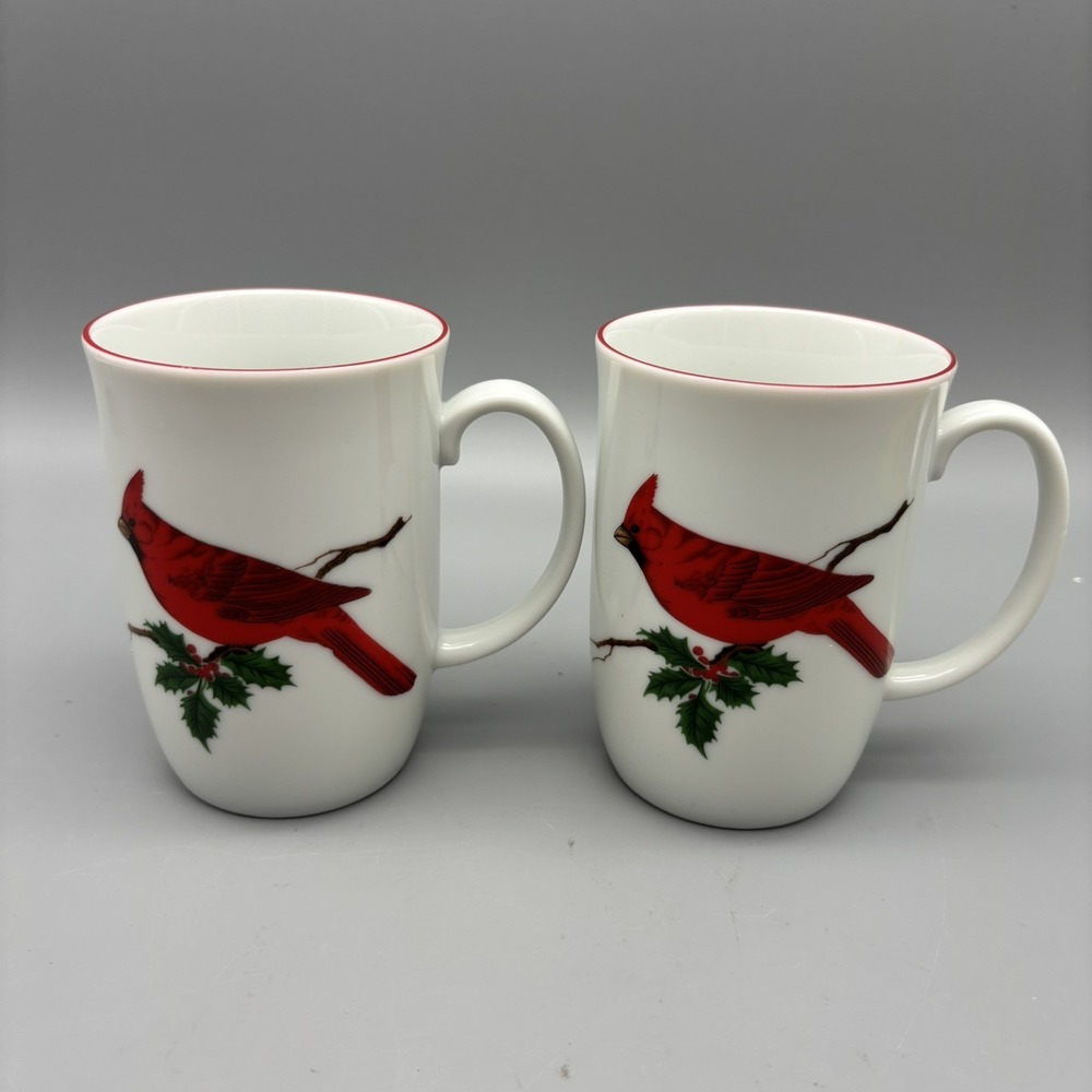 Otagiri Coffee Tea Mug Cup Cardinal Bird Vintage Holly Leaves Christmas Set of 2